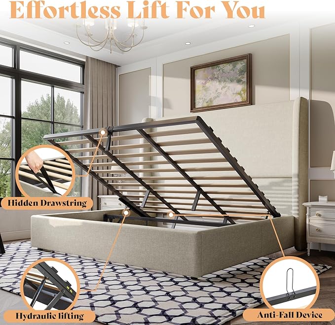 AMERLIFE Lift Up Storage Bed King Size Linen Upholstered Platform Bed Frame Hydraulic StorageModern Wingback Headboard No Box Spring Needed Khaki