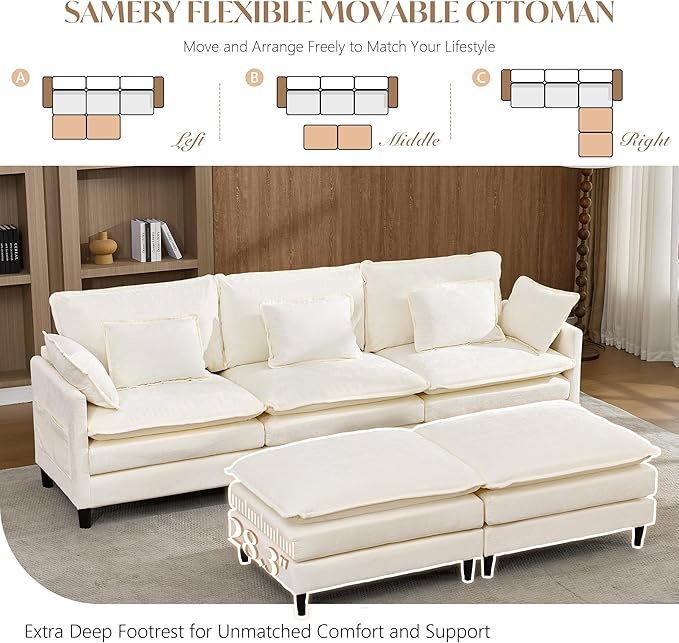 SAMERY 111 U Shaped Couch Cloud Sofa Modular Sectional Couch with 2 Large Ottomans Beige 3 Seater Chenille Oversized Deep Seat Sectional Sofa with Pillows for Living Room Bedroom Apartment