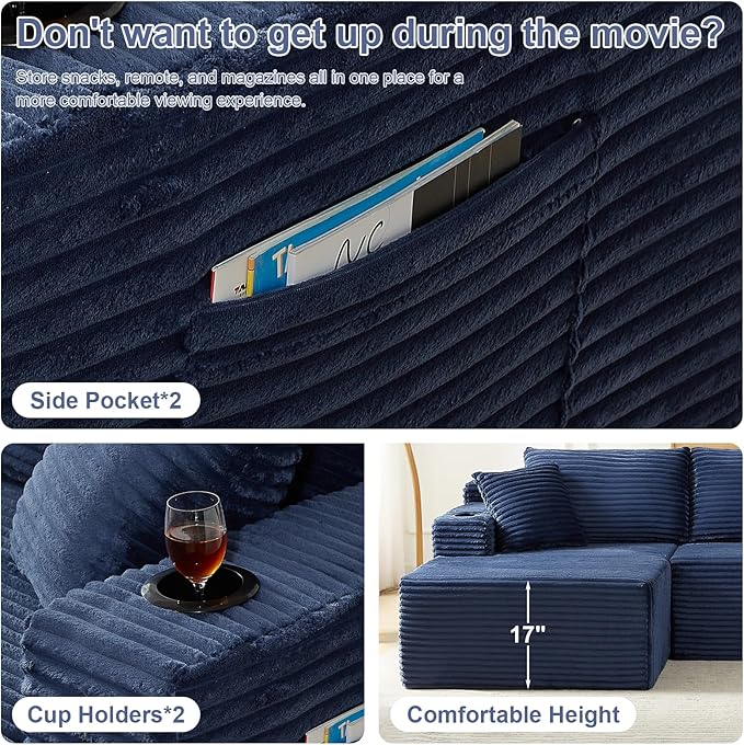 134 U Shaped Boneless Couch with Chaise Oversized Modular Sectional Sofa with Cupholders &amp Storage Corduroy Cloud Couches for Living Room Free Combination No Assembly Required Blue
