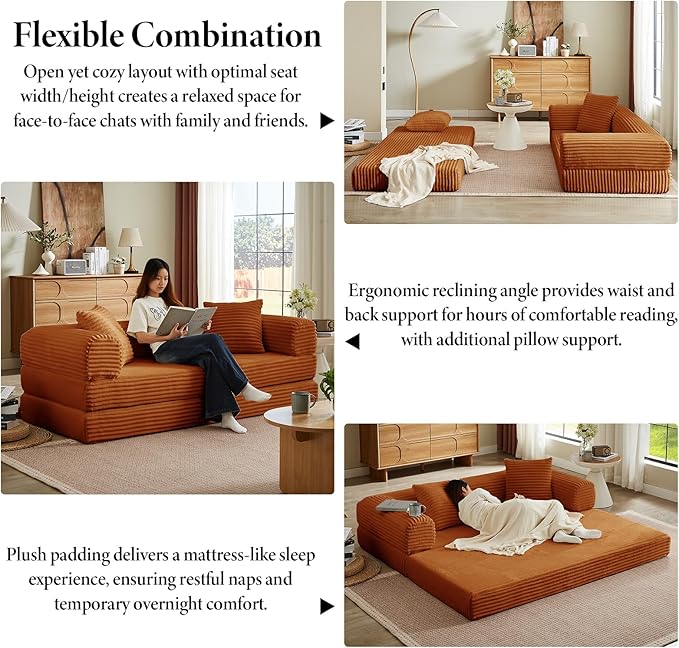 Folding Convertible Sleeper Sofa Bed Corduroy Upholstered Boneless Couch with Pillows Modular Floor Sofa Compression Couch for Living Room No Assembly Required (Orange)