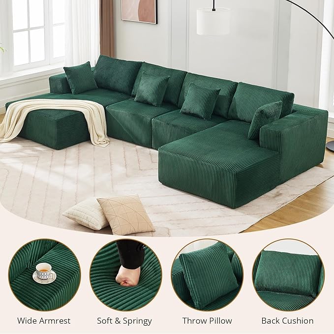 Cloud Boneless Couch 137 Modern Sectional U-Shaped Comfy No Assembly Required Convertible Compression Sleeper Modular Sofa with Corduroy Fabric Deep Seat Single + Chaise for Living Room