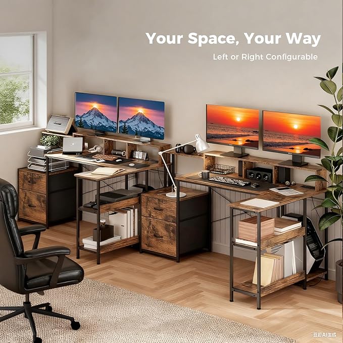 GTPLAYER 73 L Shaped Gaming Desk Reversible Computer Desk with Power Outlets &amp LED Lights Home Office Corner Desk with Storage Shelves Monitor Stand and Tower Space Rustic Brown