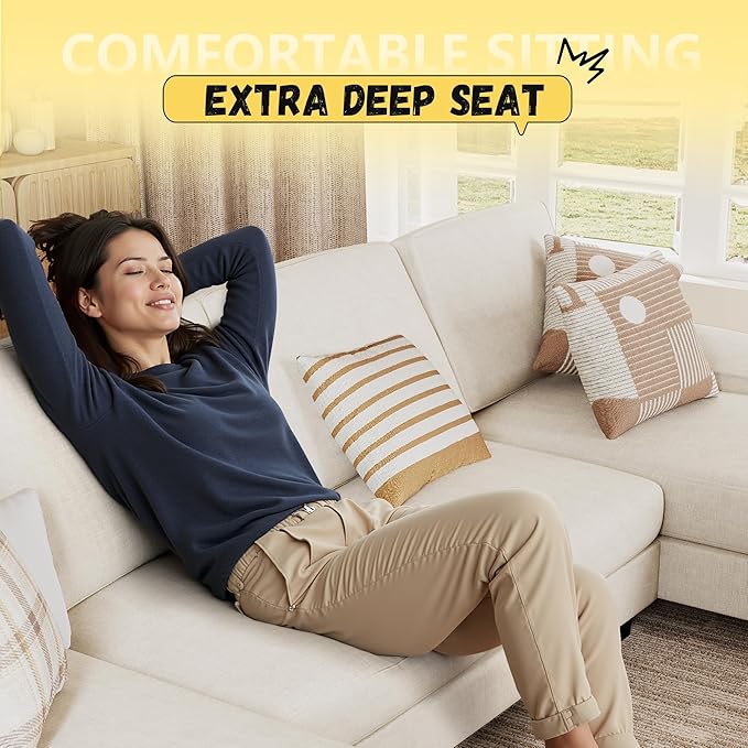 JUMMICO Sectional Couches for Living Room U Shaped Couch with Chenille Fabric 4 Seat Modern Sofa with Removable Pillows for Apartment and Small Space (Fabric White)