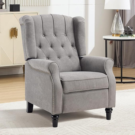 EBELLO Push Back Recliner Chair Fabric Accent Chair Pushback Recliner with Rivet Decoration Button-Tufted Back Mid Century Wingback Armchair for Living Room Bedroom Grey