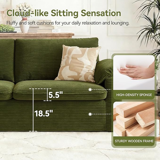 86 Loveseat Sofa Green Corduroy CouchModern Cloud Sofa Love Seat Deep Seat Slipcovered Sofa with 2 Wide Armrest Pillows for Small Spaces Apartment Studio Office Bedroom Living Room