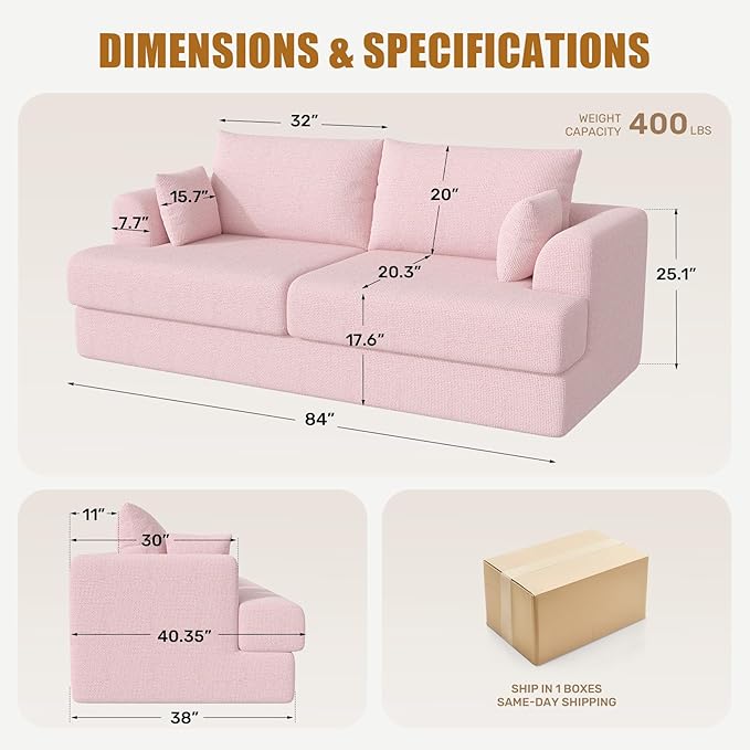 84” Loveseat Sofa Boneless Modular Sofa Couches for Living Room Cloud Couch with Deep SeatEasy Assembly for Small SpacesPink
