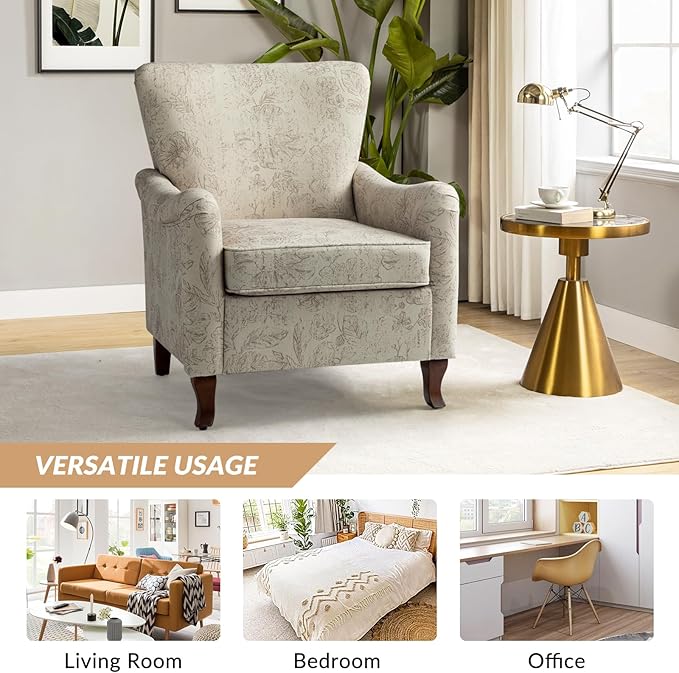 HULALA HOME Floral Accent Chair Modern High Back Armchair with Wooden Legs Comfy Wingback Chair Upholstered Accent Single Sofa Chair for Living Room &amp Bedroom Beige