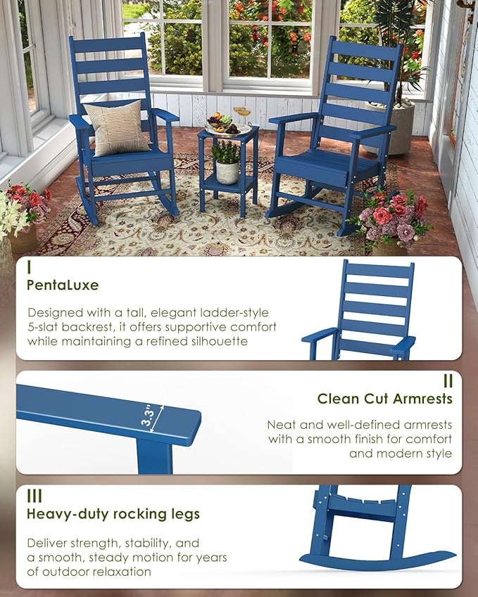 GREENVINES Outdoor-Rocking-Chair | HDPE Plastic | Patio Rockers | Porch Rocker Chairs | Shaker | Oversized | High Ladder Back | Big &amp Tall | PentaLuxe | Blue