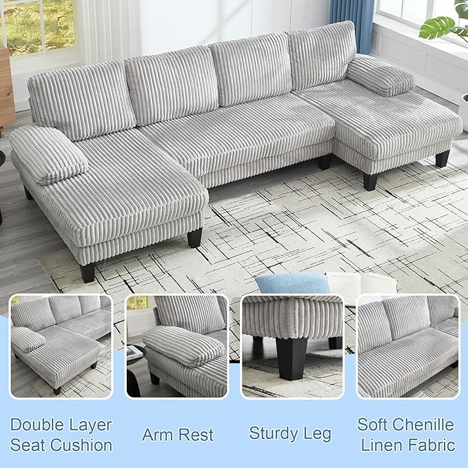 114 Sectional Couches for Living Room Corduroy Deep Seat Cloud Couch Double Chaise U Shaped Sofa Light Gray