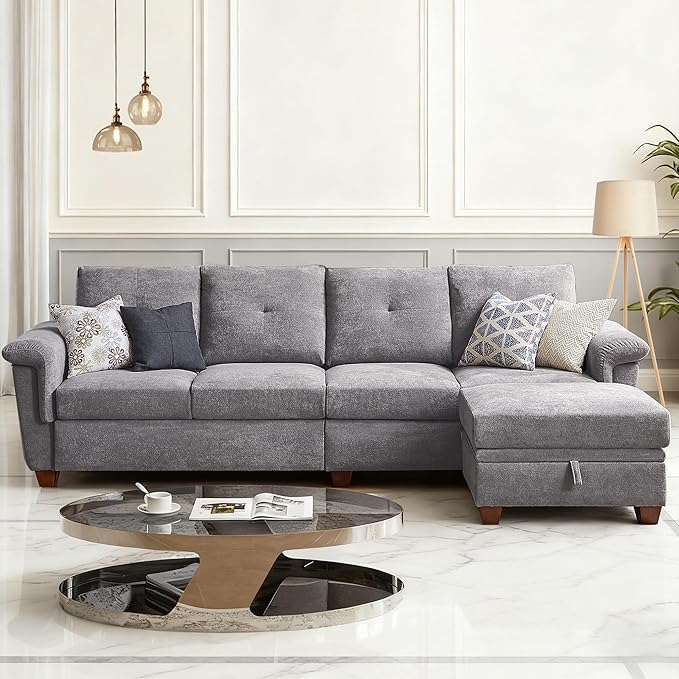 4-Seat Sectional Couches for Living Room Bedroom Office with Storage L Shape Convertible Sectional Sofa Couch with Ottoman and Cup Holders Light Grey