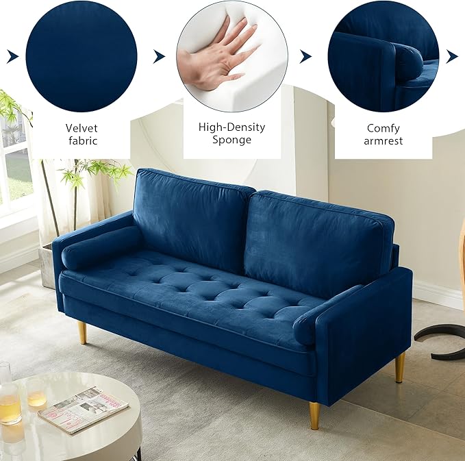 67 Modern Velvet Loveseat Sofa Couch Mid-Century Tufted Upholstered Small Love Seat Couch with 2 Pillows &amp 4 Golden Legs 2-Seats Couches for Compact Space Living Room Apartment (Navy)