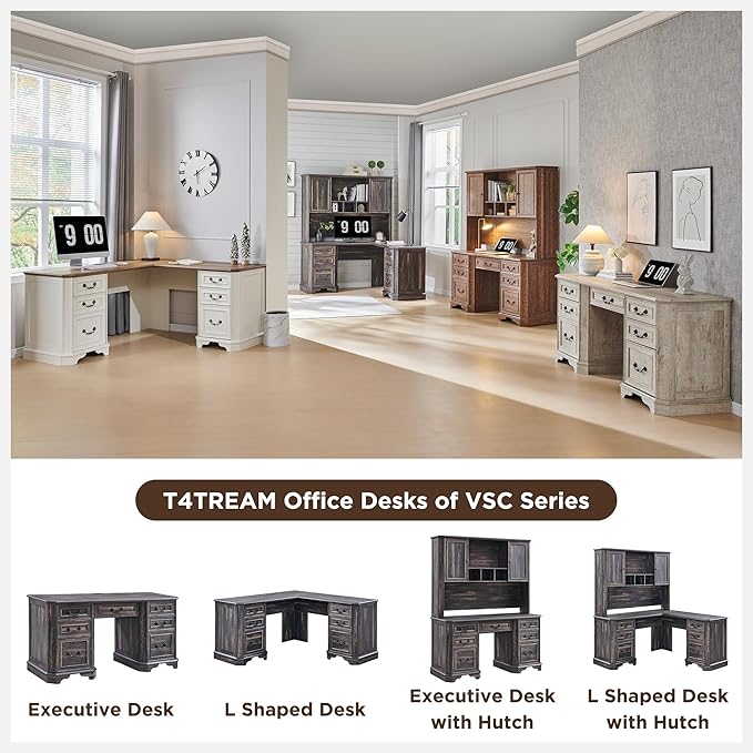 T4TREAM 59 Farmhouse Executive Desk with DrawersWood Home Office Computer Desk Featuring Keyboard TrayCharging StationFile Drawer Storage Cabinetfor Work and Study (Dark Rustic Oak)