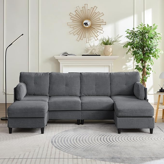 PUREMIND 89 U Shaped Sectional Couches Corduroy Sectional Sofa with Reversible Storage Ottoman 4 Seater Sofa with Throw Pillows Upholstered L-Shaped Couch for Living Room Dark Grey