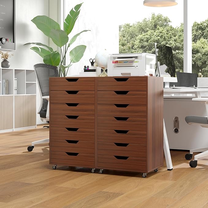 7 Drawers Filing Cabinet Vertical File Cabinet for Home Office Mobile Under Desk Office Storage Cabinets with Wheels (Walnut)