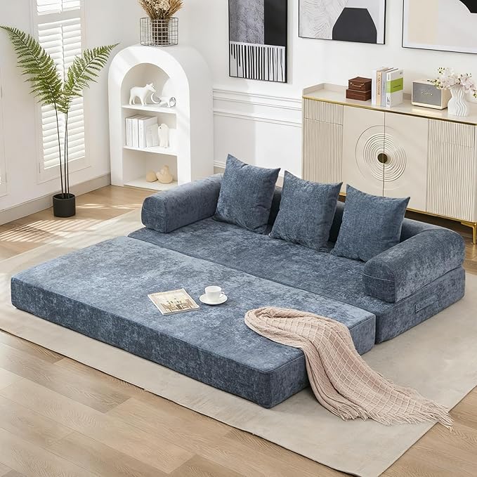 79 Inch 4-in-1 Convertible Sofa Bed Boneless Couches Chenille Folding Sleeper with Pull Out Bed Floor Futon Modular Lounge Loveseat Compressed Sofa No Assembly Required for Living Room (Blue)