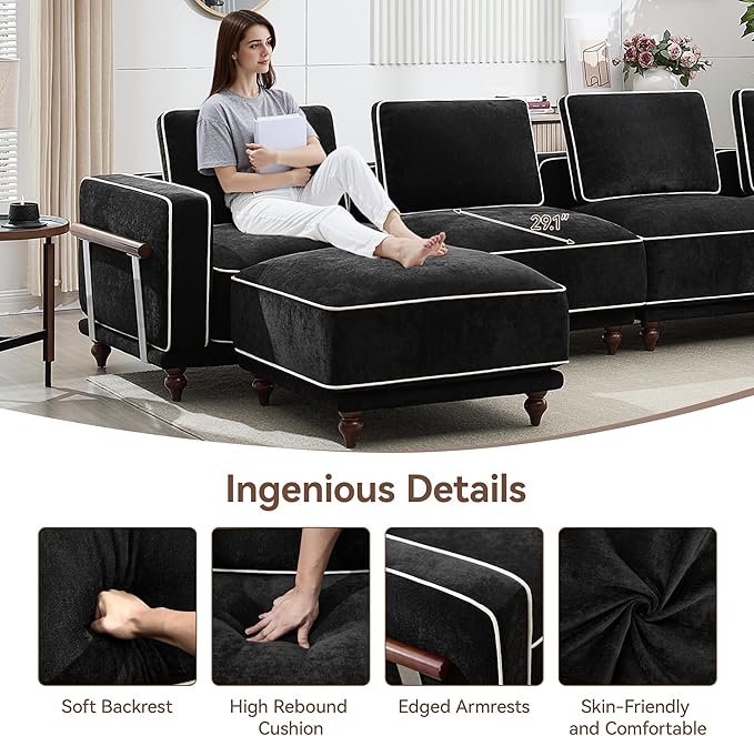 146 Modular Sectional U Shaped Couch with 2 Movable Ottoman Oversized 4-Seater Cloud Sofa for Living Room Comfy Deep Seat Couches with Thicked Cushion and Metal Armrests Chenille Black
