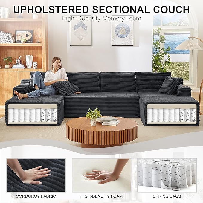 134 Inch U-Shaped Sectional Couch Oversized Modular Corduroy Sofa with 2 Chasies 4-Seater Modern Deep Seat Boneless Cloud Couch for Living Room No Assembly Required Dark Gray