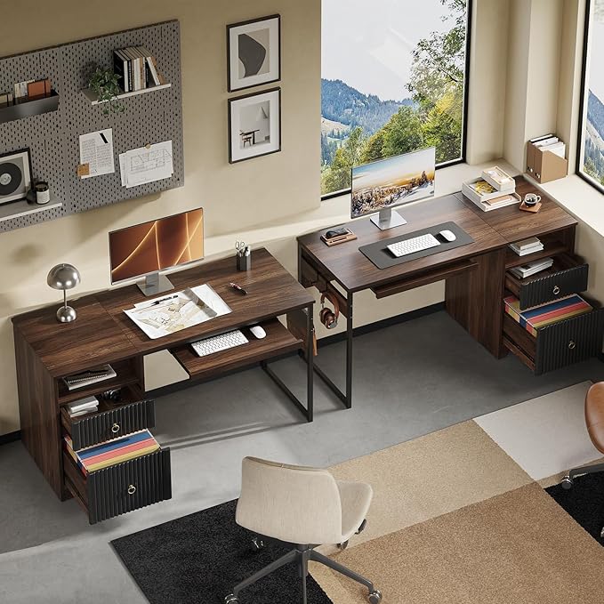 Bestier 55 Inch Computer Desk with Keyboard Tray Modern Office Desk with Storage Wood Writing Desk with File Drawer Fluted Panel &amp 2 Hooks for Home Office &amp Studio Cherry