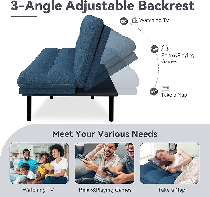 Convertible Futon Sofa BedLinen Futon Couch with Detachable CushionAdjustable Backrest &amp ArmrestModern Small Loveseat Sleeper Recliner for Living RoomOfficeApartmentBlue