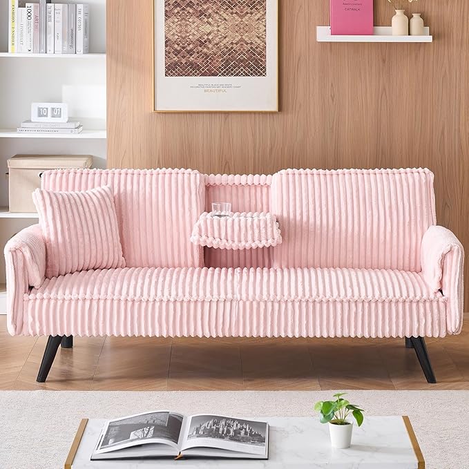 72” Corduroy Futon Sofa Bed with Pillows Modern Convertible Futon Couch with 2 Cup Holders&amp Metal Legs for Small Spaces Living Room Solid Wood Frame (Pink)