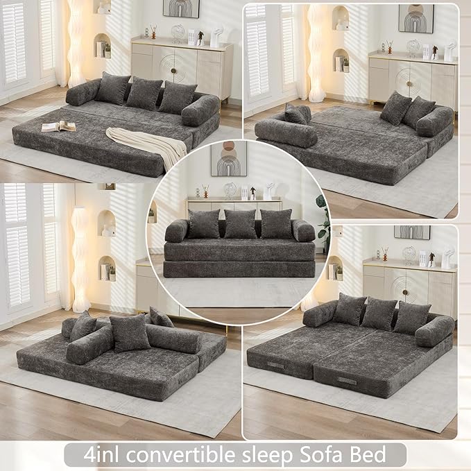 79 Inch 4-in-1 Convertible Sofa Bed Boneless Couches Chenille Folding Sleeper with Pull Out Bed Floor Futon Modular Lounge Loveseat Compressed Sofa No Assembly Required for Living Room (Gray)