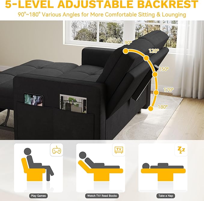 DWVO 3 in 1 Convertible Sleeper Sofa Bed 55 Pull Out Sofa Bed with Adjustable Backrest and USB Velvet Futon Couch with Side Pockets for Living Room Black