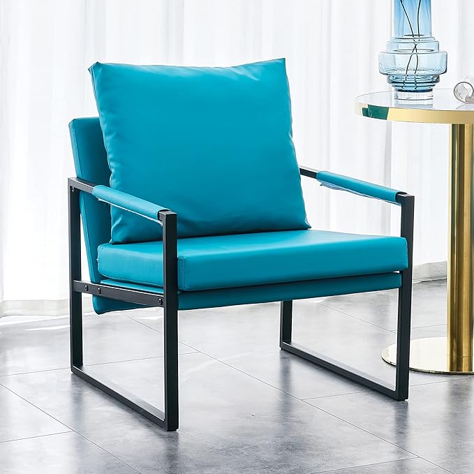 Sofa PU Leather Accent Arm Chair Mid Century Modern Upholstered Armchair with Metal Frame Extra-Thick Padded Backrest and Seat Cushion Sofa Chairs for Living Room (Cyan PU Leather + Metal + Foam)