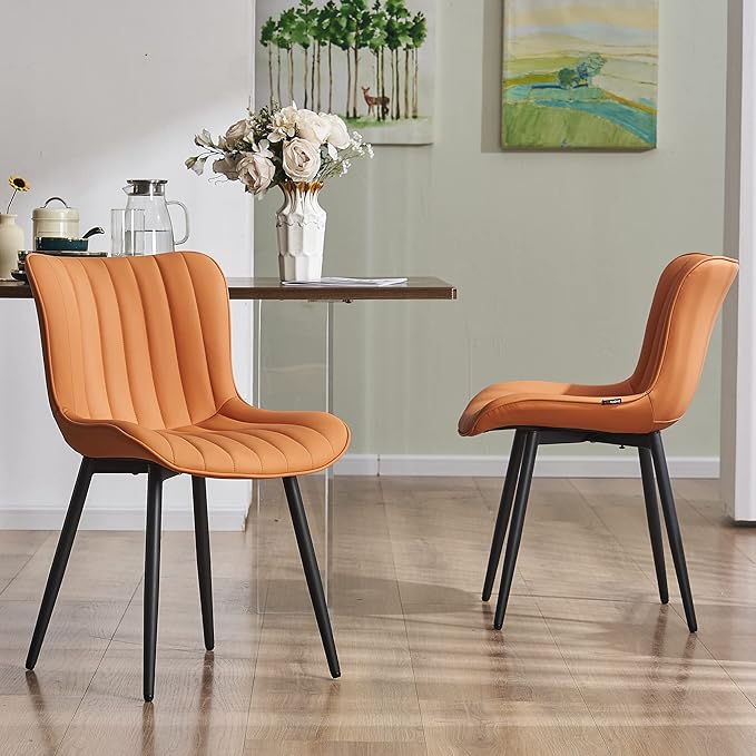 YOUNUOKE Dining Chairs Set of 2 Camel Mid Century Modern Kitchen Chairs Armless Faux Leather Upholstered Dinner Side Chair with Back for Guest Reception Living Room Matte Orange