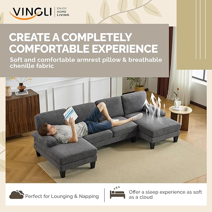 VINGLI 110' U-Shaped Sectional Couch with Two Chaise Affordable Small Sofa with 4 Seats Chenille Fabric Comfy Couches for Living Room Dark Grey