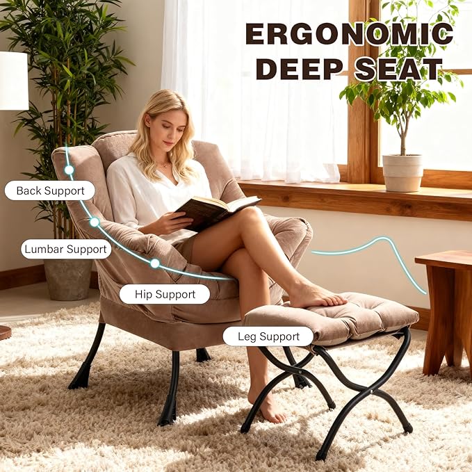 Lazy Chair with Ottoman Modern Accent Chair Contemporary Sofa Chair with Armrests Reading Chair and Folding Footstool Set for Living Room Bedroom Office Khaki