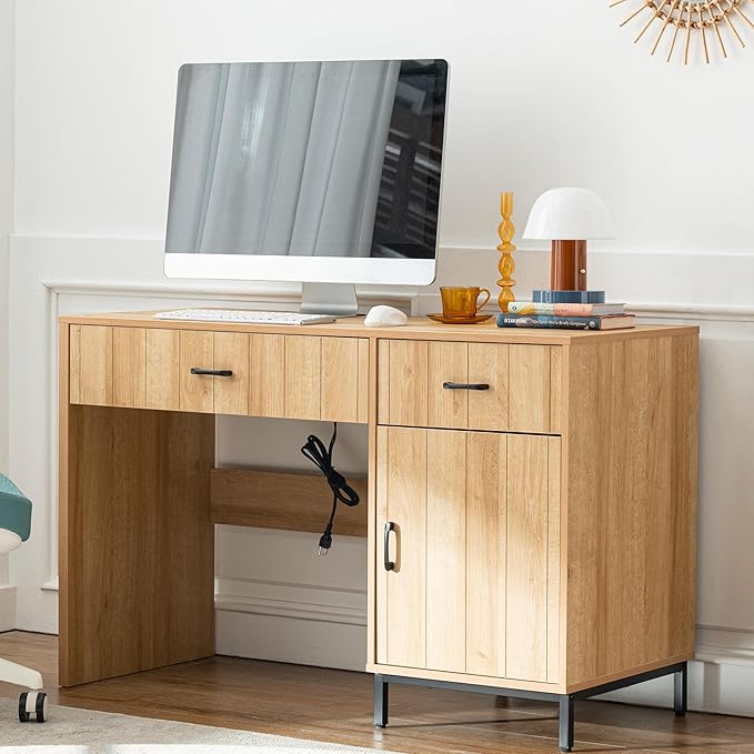Desks with Drawers 47 inch Farmhouse Style Office Desk with File Drawer &amp Storage Cabinet - Home Computer Workstation Natural Oak