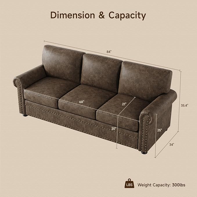 ONBRILL Faux Leather Sofa 84 Inches Nailhead Trim Couch for Living Room Mid-Century Modern Deep Seat Sofa with Rolled Arms Classic 3 Seater Couch for Apartment Office Brown