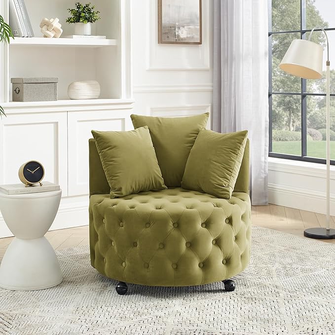 Velvet Upholstered Swivel Chair for Living Room with Button Tufted Design and Movable Wheels Including 3 Pillows Khaki Green