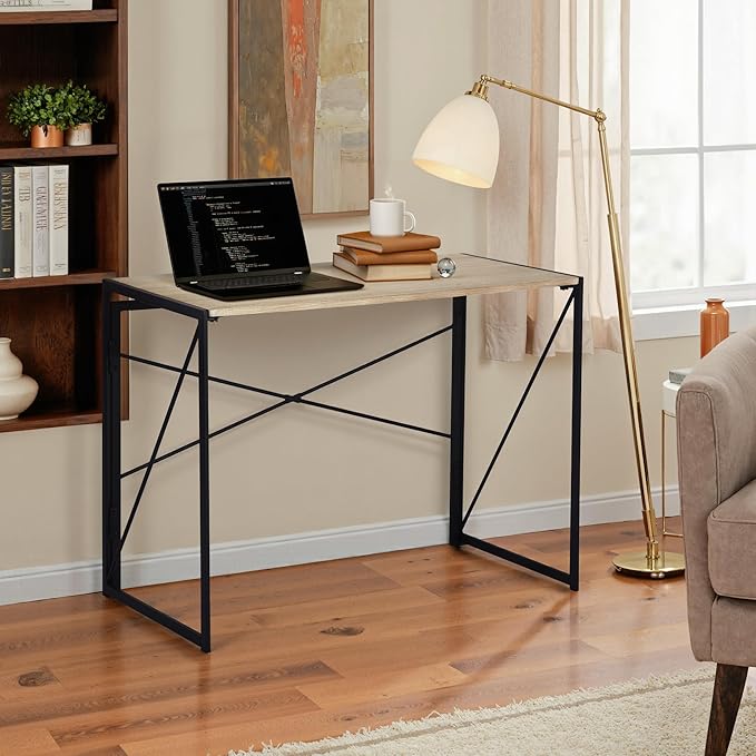 Homy Casa 39.4 Inch Foldable Laptop Desk Space-Saving Computer Table with No Assembly Required Sturdy Metal Frame Minimalist Design for Home Office Study or Small Spaces Oak