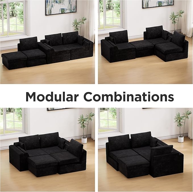 Vabches 106.6 Modular Sectional Sofa with Chaise Comfy Cloud Sectional Couch Modern L-Shape Corduroy Sofa with Deep Seat Upholstered Couches for Living Room BedroomNo Assembly Required (Black)