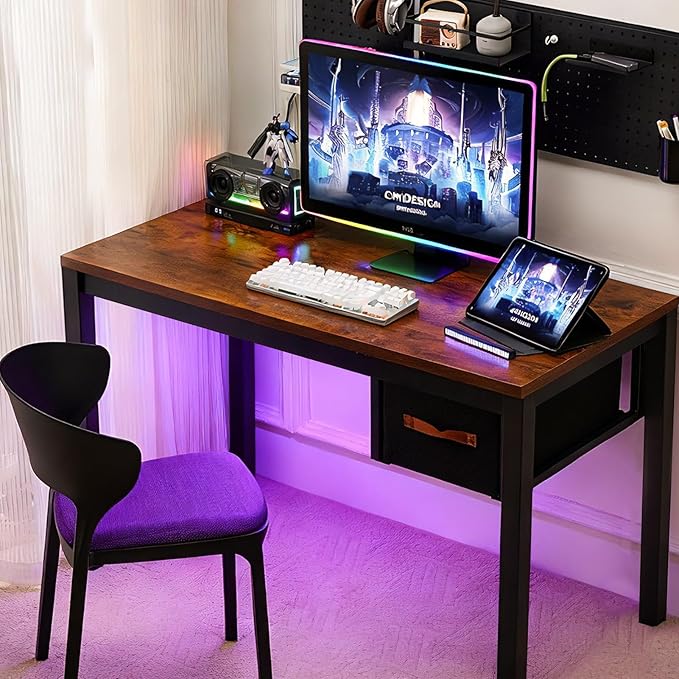 Computer Desk with Drawer 47 Inch Home Office Work Desks Modern Writing Study PC Desk Gaming Table for Small Place Bedroom Thickened Tabletop and Stable Metal Frame Leg（Rustic Brown）