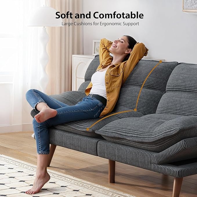 Pipishell Futon Sofa Bed Convertible Futon Adjustable Backrest &amp Armrests Corduroy Sleeper Couch for Small Spaces Living Room Office Guest Room (Asphalt Grey 66 Inch)