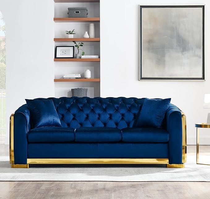81.1 Chesterfield Sofa Couch Velvet Sectional Sofa Couch for Living Room 3 Seater Couch Button Sofa with Stainless Steel Gold Plating Decoration with 2 Pillows Blue &amp Gold