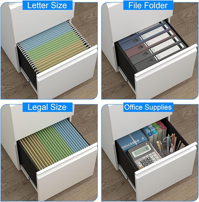 2 Drawer File Cabinet with Lock Metal Mobile Filing Cabinet on Wheels Compact Desk Side Storage Cabinet for Home Office Letter/Legal/A4 File Organizer with Anti-Tip Wheel (White)
