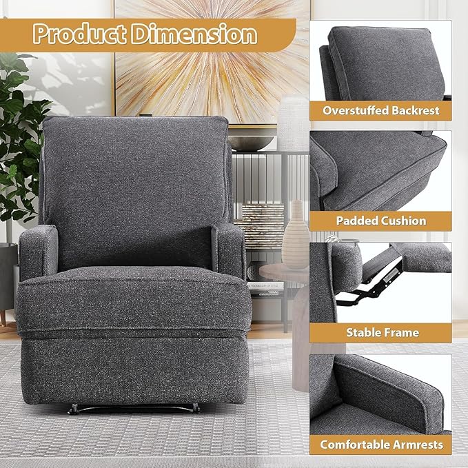 Classic Manual Recliner Chair for Adults Soft Fabric Overstuffed Single Reclining Sofa Chair with Padded Backrest Heavy Duty Recliners for Living Room BedroomGrey