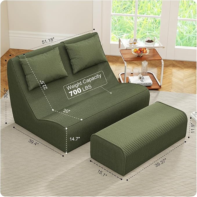 Giant Bean Bag Chair for Adults - Indoor Chaise Lounge with Pillows &amp Ottomans Upholstered Loveseat Floor Sofa Chair for Reading Gaming Napping and Movies (Olive Green)