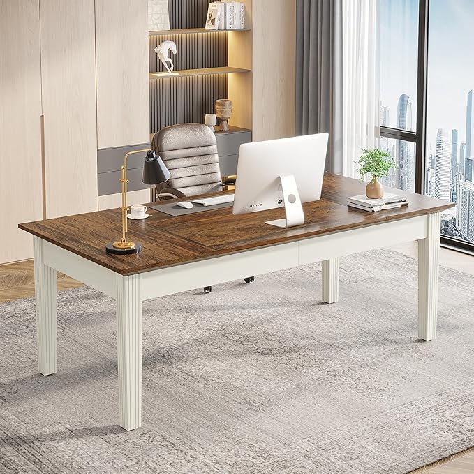 Tribesigns 62-Inch Computer Desk Large Office Executive Desk with Solid Wood Legs Modern Simple Laptop Desk Study Writing Table Workstation Furniture for Home Office Rustic Brown &amp Cream White