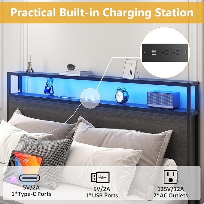 Lifezone Queen Bed Frame with 2-Tier Storage Headboard Metal Platform Bed Frame with 4 Storage Drawers Built in Charging Station &amp LED Noise-Free/Metal Support/No Box Spring Needed Rustic Grey