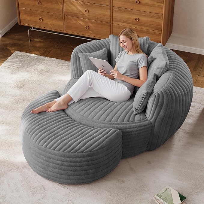 50 Oversized Chaise Lounge Indoor Round Reading Chair Lounge Chair with Ottoman Boneless Sofa Bed Large Fluffy Plush Corduroy Chaise Chair for Living Room Playroom Bedroom Grey