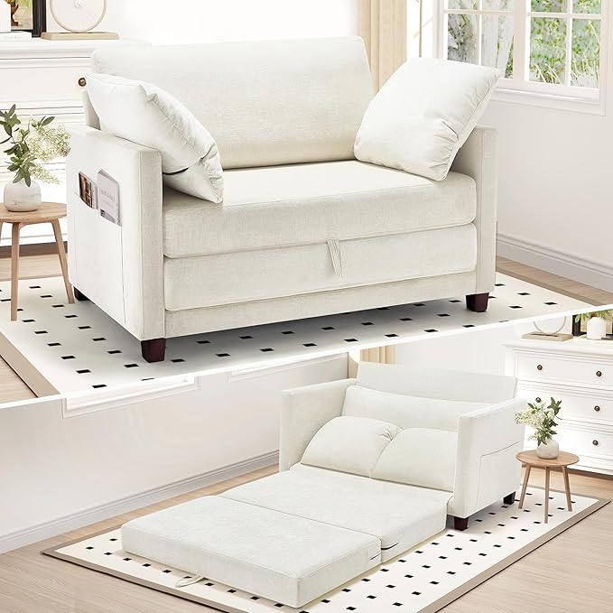 51 Convertible Sofa Bed 2 in1 Folding Sofa Bed Loveseat Sleeper Sofa for Small Spaces Fold Out Floor Couch with 2 Pillows for Apartment Living Room &amp Guest Room Beige Chenille Fabric