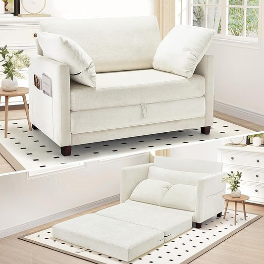 51 Convertible Sofa Bed 2 in1 Folding Sofa Bed Loveseat Sleeper Sofa for Small Spaces Fold Out Floor Couch with 2 Pillows for Apartment Living Room &amp Guest Room Beige Chenille Fabric