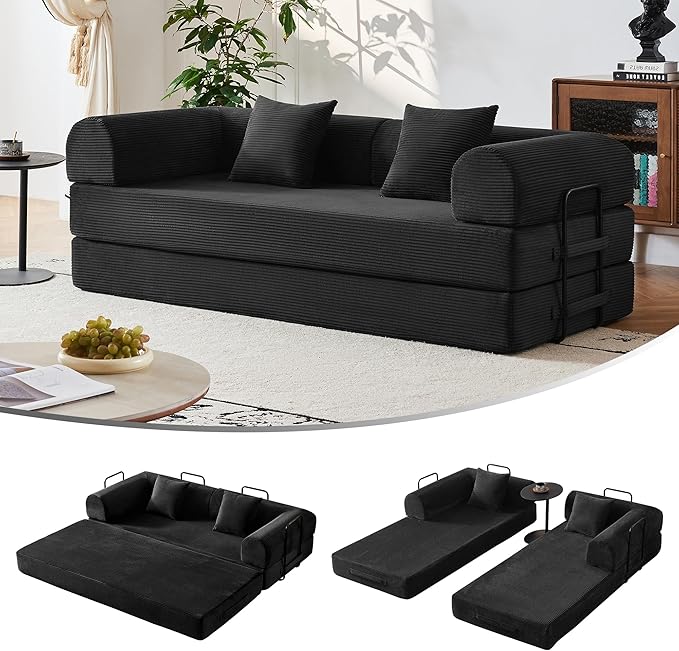 5-in-1 Convertible Sofa Bed No Assembly 79 Fixed Steel Frame Sleeper with High-Resilience Foam Corduroy Modular Couch Foldable for Small Space Apartment Studio (Black)