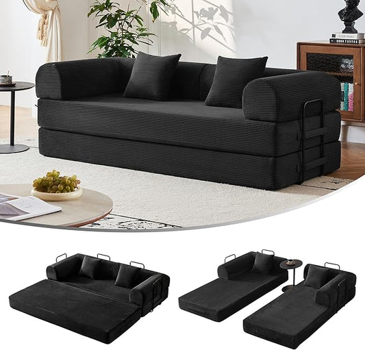 79'' Convertible Sofa Bed 5-in-1 Folding Corduroy Sleeper Couch with Pull Out Bed Oversized Modular Floor Sofa No Assembly Space-Saving Guest Bed for Apartment Living Room Bedroom (Black) | Conver