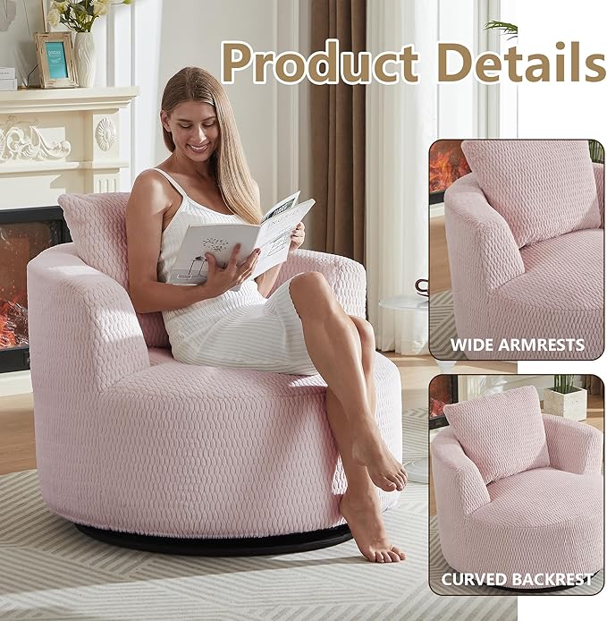 39 Pink Swivel Accent ChairBig Comfy Swivel Chair with PillowUpholstered ArmchairFaux Fur Swivel Sofa Chair for BedroomRound Oversized Chairs for Living Room