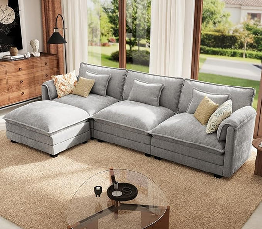 ELUCHANG 113 L Shaped Sectional Couch Comfy Cloud Modular Sectional Sofa with Movable Ottoman 4-Seat Deep Seat Modern Cloud Sofa Couches for Living Room Bedroom and Apartment Chenille Grey